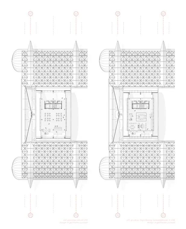Das oberste Geschoss dient als Br&uuml;cke, das darunterliegende als Caf&eacute; und Besucherzentrum. Ganz unten die Werkstatt; sie ist bei geschlossener Halle auf H&ouml;he der Plattform