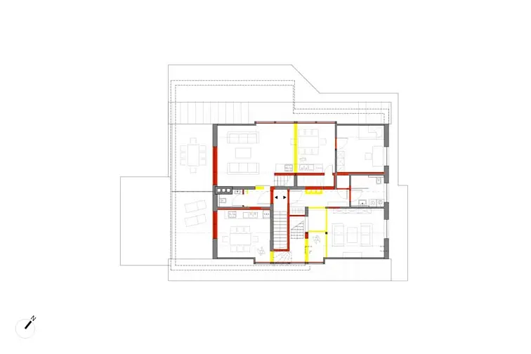 Grundriss Dachgeschoss: beide Maisonettewohnungen teilen sich die gro&szlig;e Dachterrasse