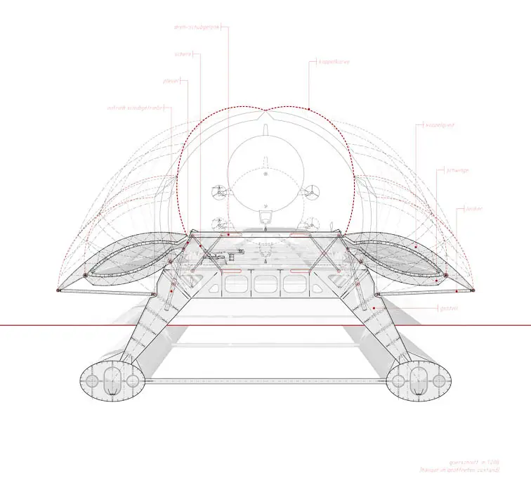 Im Schnitt zeigen sich die gegenl&auml;ufigen Bewegungen des Hallendaches und der Plattform
